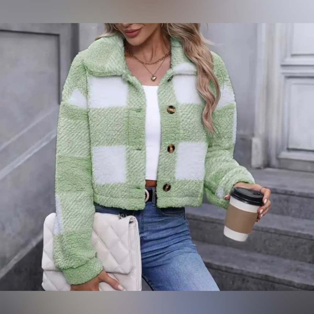 New Teddy Plaid Mint Green White Coat Button Front Long Sleeve Outerwear NWT - Picture 6 of 13